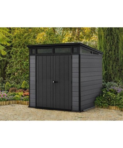 Abri Keter Artisan 7 x 7 pi en résine grise à toit monopente, deux portes, plancher et une fenêtre