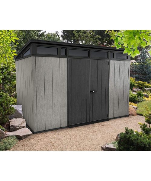 Abri Keter Artisan 7 x 11 pi en résine grise à toit monopente, deux portes, plancher et une fenêtre