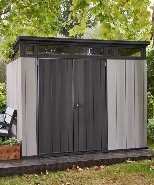 Abri Keter Artisan 9 x 7 pi en résine grise à toit monopente, deux portes, plancher et une fenêtre