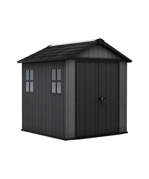 Abri de jardin Keter Newton Plus Vertical 7 x 7,5 pi en résine grise, deux portes, plancher et deux fenêtres (base incluse)